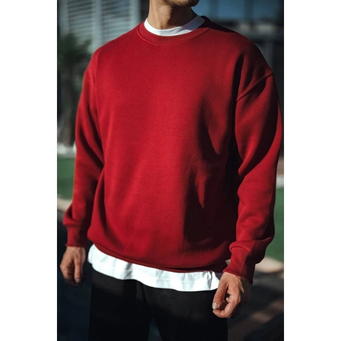 Kışlık Bisiklet Yaka Üç İplik Basic SweatShirt - Bordo