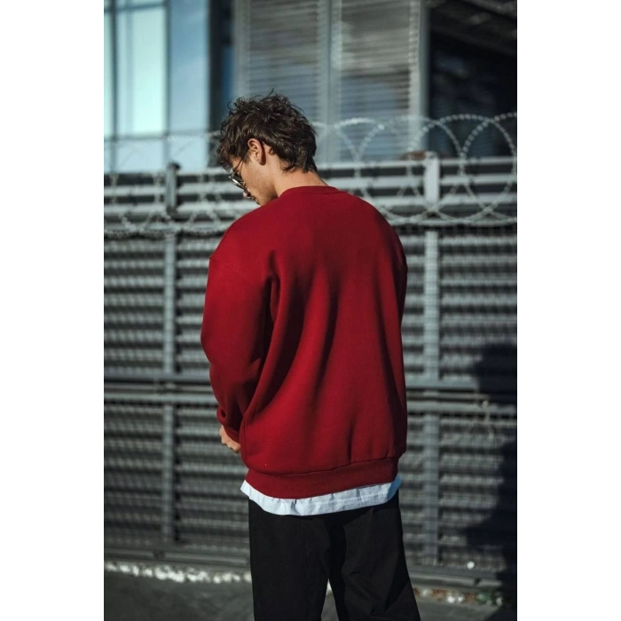 Kışlık Bisiklet Yaka Üç İplik Basic SweatShirt - Bordo