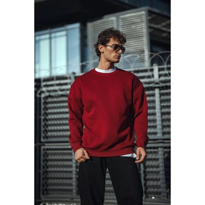 Kışlık Bisiklet Yaka Üç İplik Basic SweatShirt - Bordo