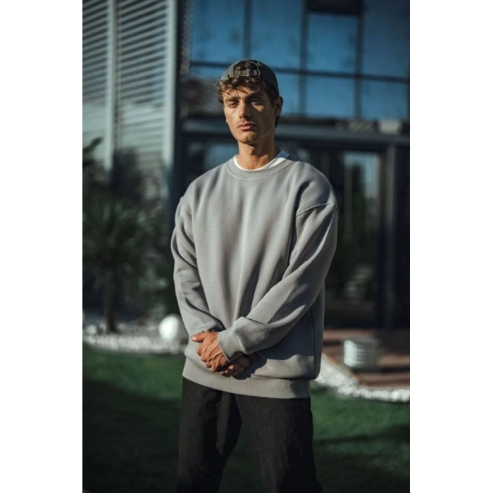 Kışlık Bisiklet Yaka Üç İplik Basic SweatShirt - Boyalı Gri