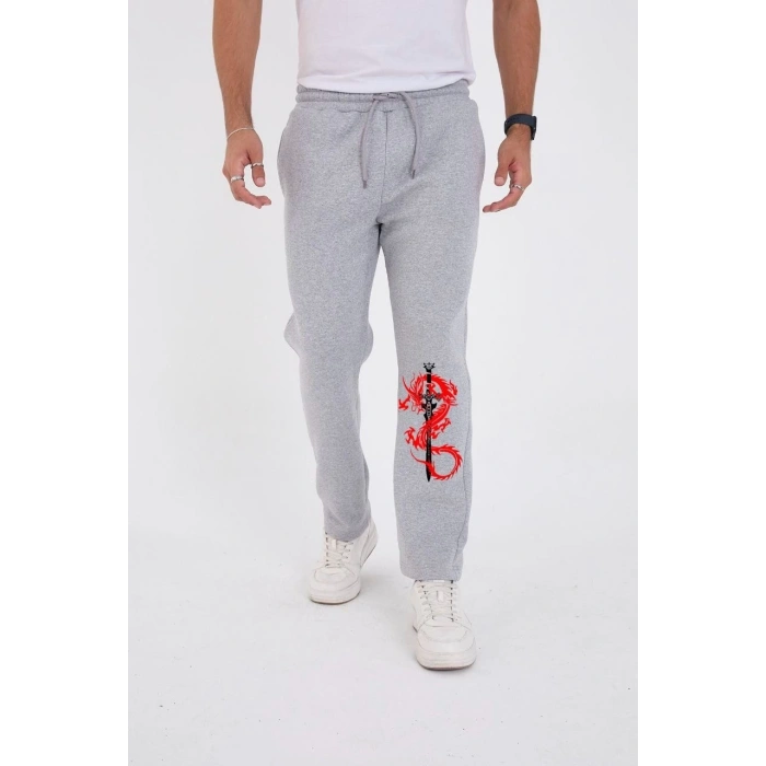 Kışlık Üç İplik Baskılı Eşofman Pantolon - Gri
