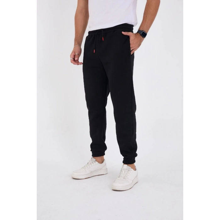 Kışlık Üç İplik Lastikli Eşofman Pantolon - Siyah
