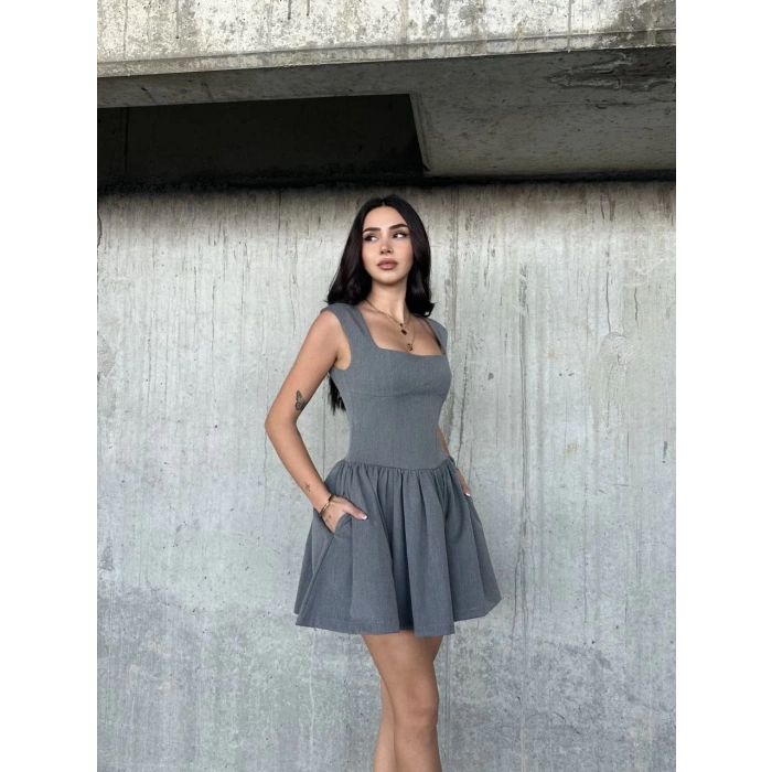 Kolsuz Mini Elbise- Gri