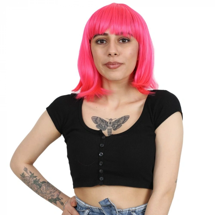 Küt Kahküllü Fiber Sentetik Peruk - Neon Pembe
