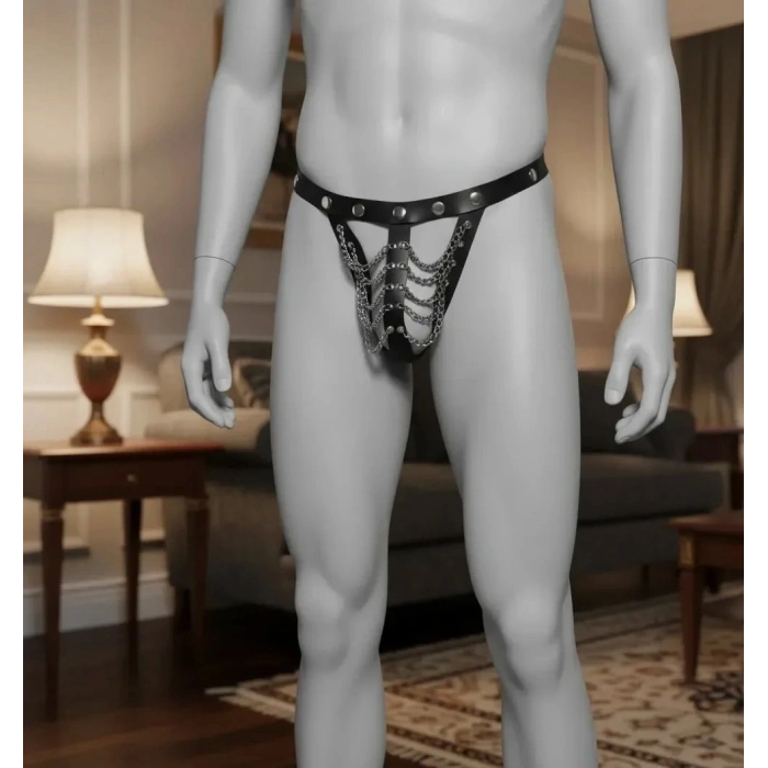 Modern Erkek Suni Deri Zincirli String Tanga