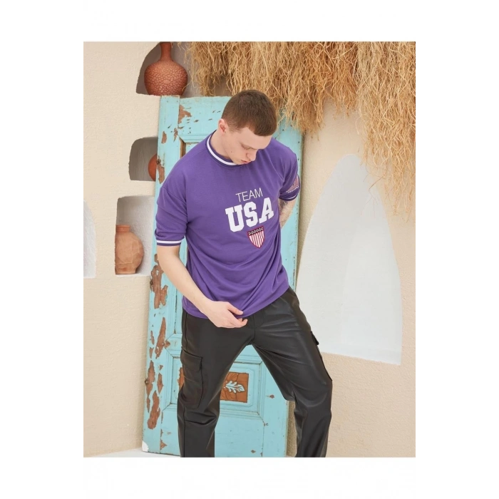 Nakış İşlemeli Ribanalı Oversize T-shirt - Mor