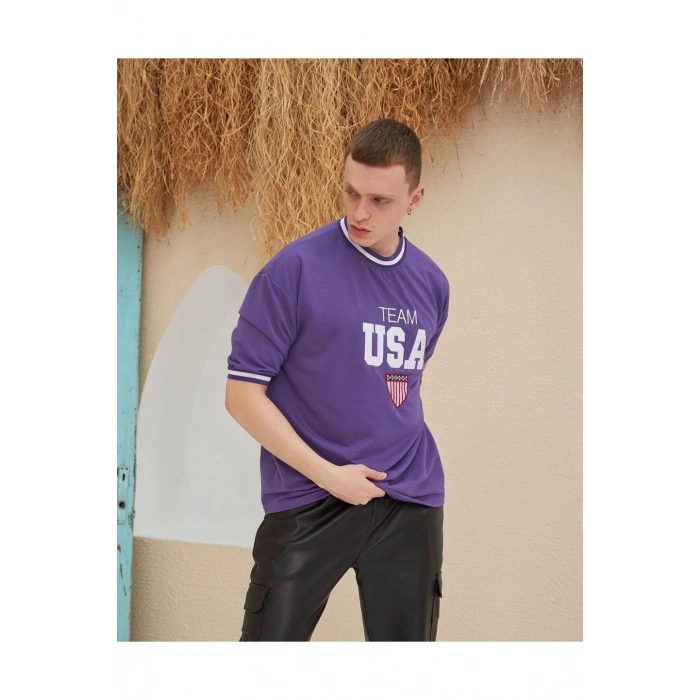 Nakış İşlemeli Ribanalı Oversize T-shirt - Mor