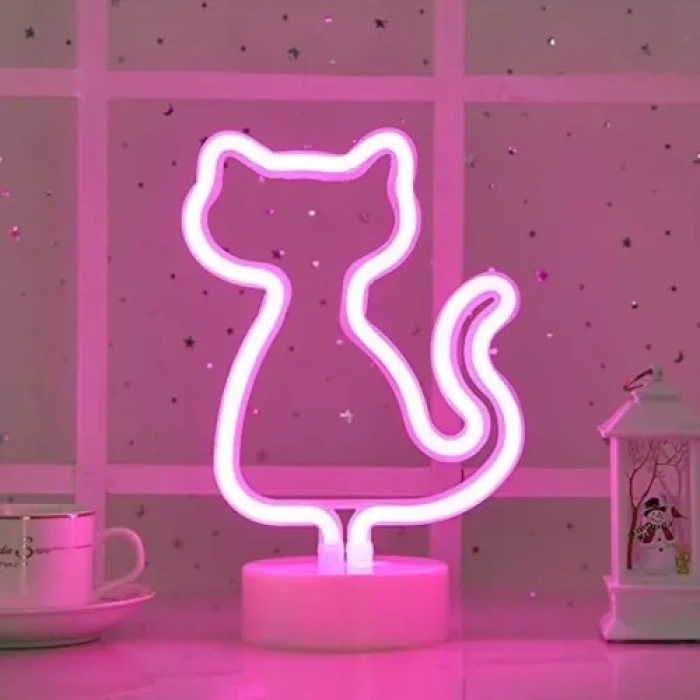 Neon Kedi Masa Gece Lambası Pembe Işık