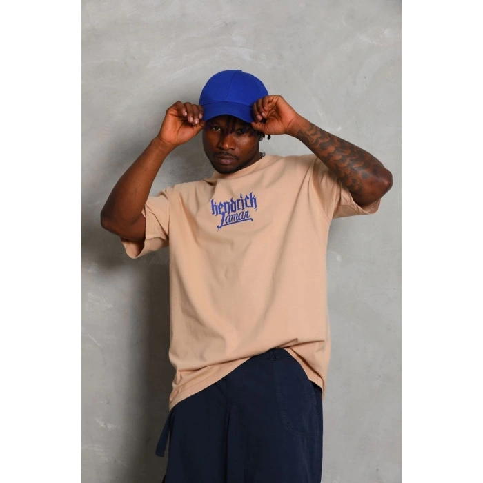 Oversize Baskılı Bisiklet Yaka T-Shirt - Bej -