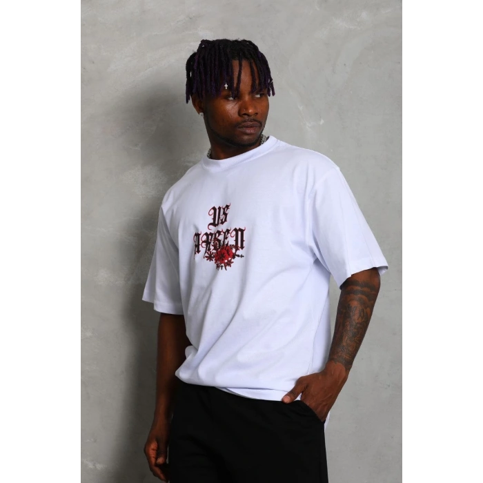 Oversize Baskılı Bisiklet Yaka T-Shirt - Beyaz -
