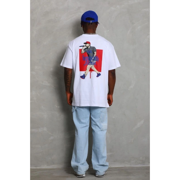 Oversize Baskılı Bisiklet Yaka T-Shirt - Beyaz -
