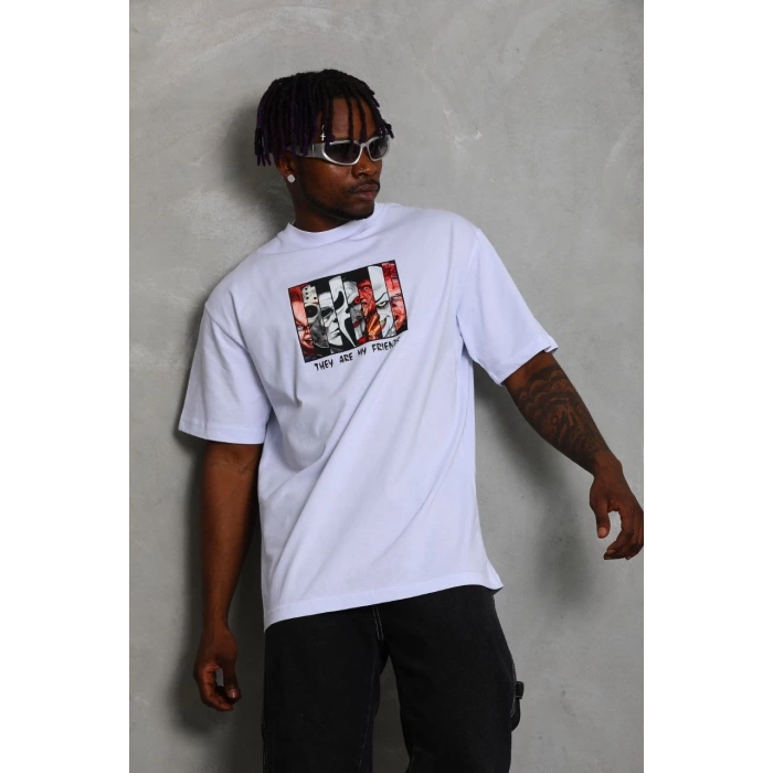 Oversize Baskılı Bisiklet Yaka T-Shirt - Beyaz -
