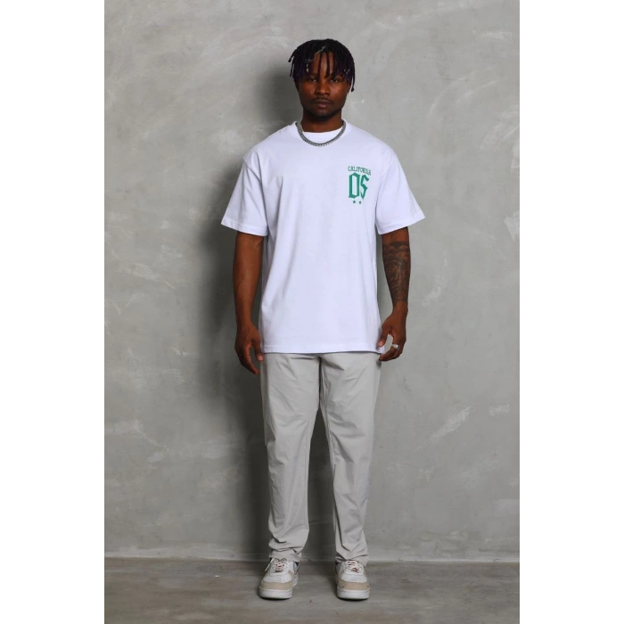 Oversize Baskılı Bisiklet Yaka T-Shirt - Beyaz -