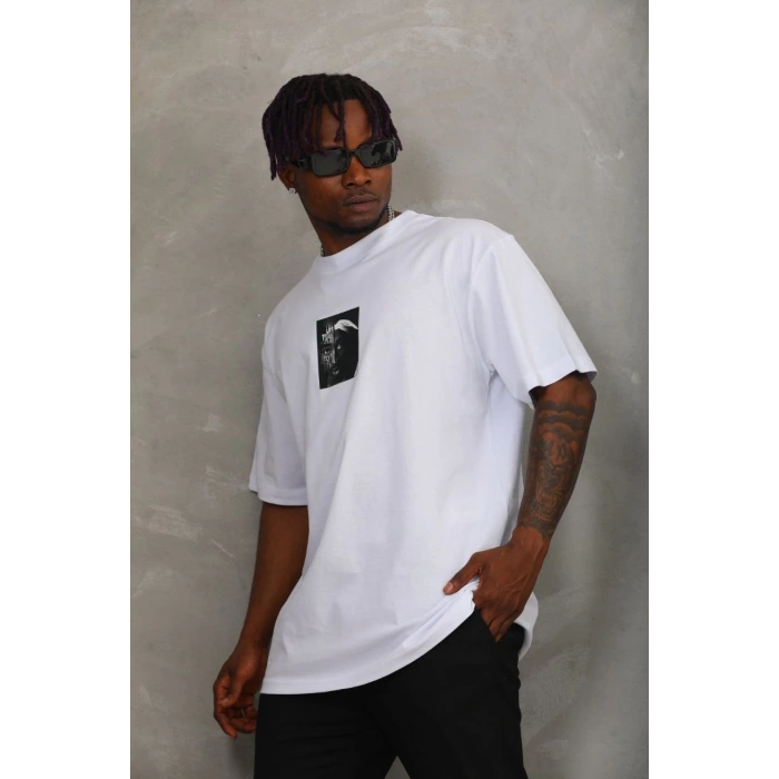 Oversize Baskılı Bisiklet Yaka T-Shirt - Beyaz -