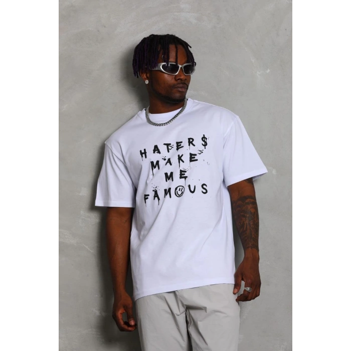 Oversize Baskılı Bisiklet Yaka T-Shirt - Beyaz -
