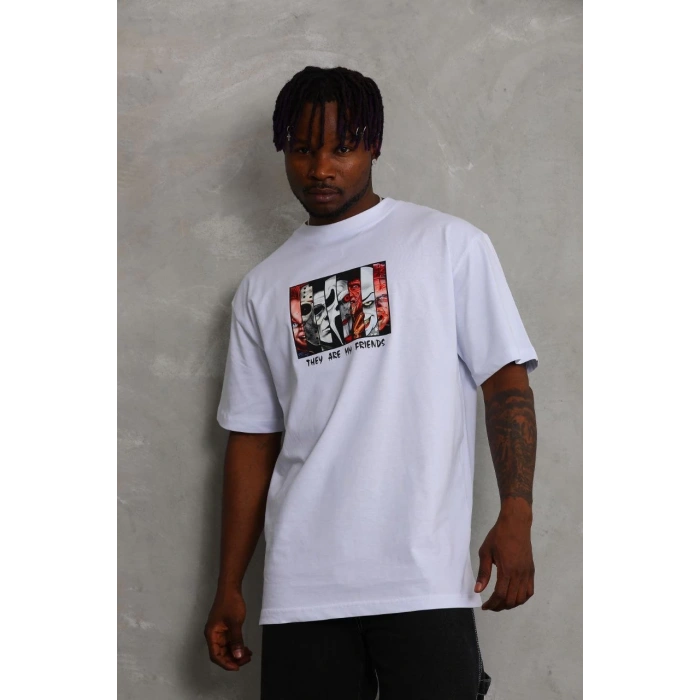 Oversize Baskılı Bisiklet Yaka T-Shirt - Beyaz -
