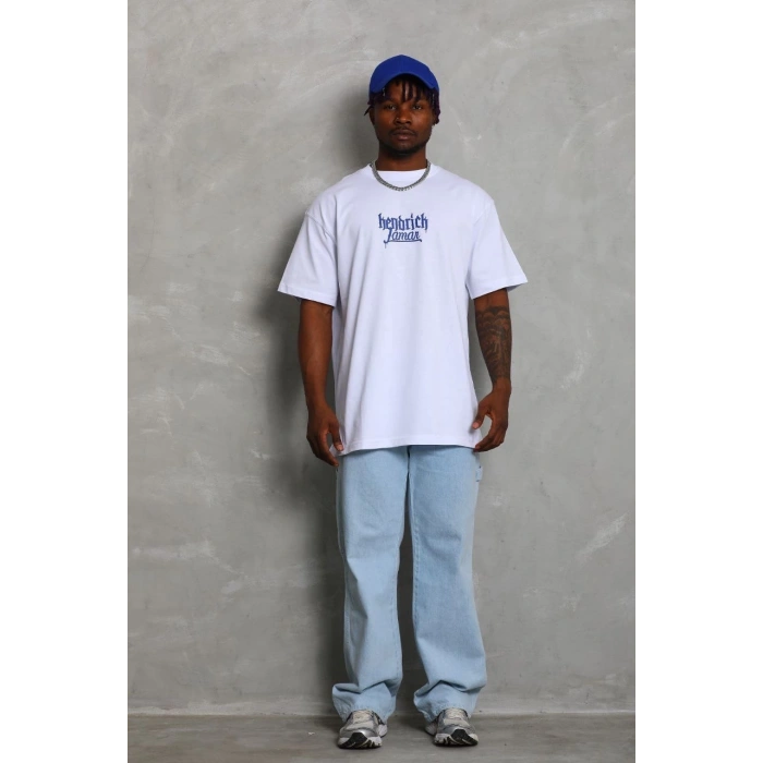 Oversize Baskılı Bisiklet Yaka T-Shirt - Beyaz -
