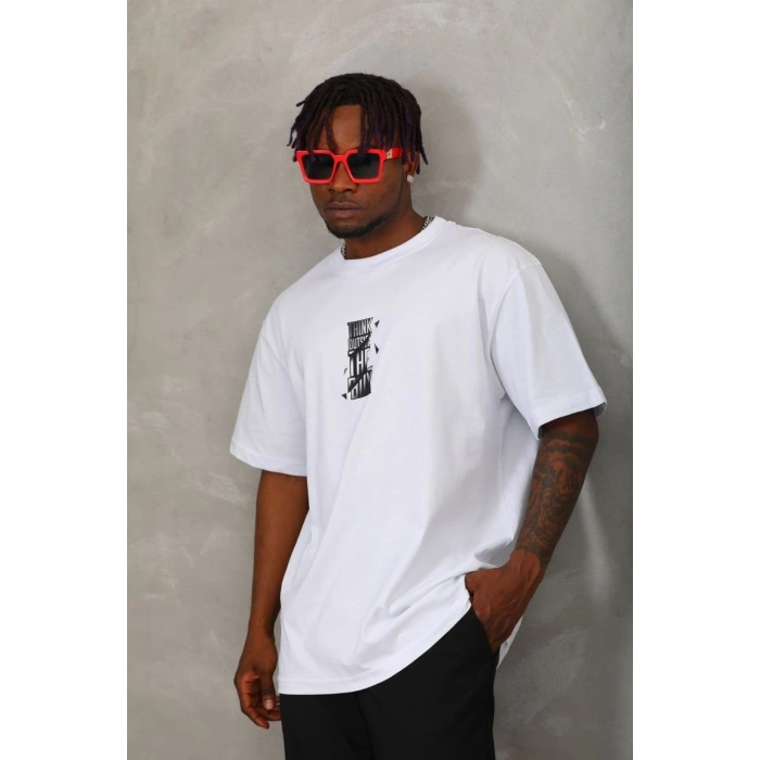 Oversize Baskılı Bisiklet Yaka T-Shirt - Beyaz -