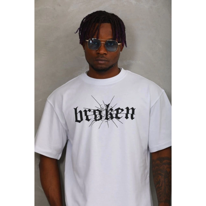 Oversize Baskılı Bisiklet Yaka T-Shirt - Beyaz -