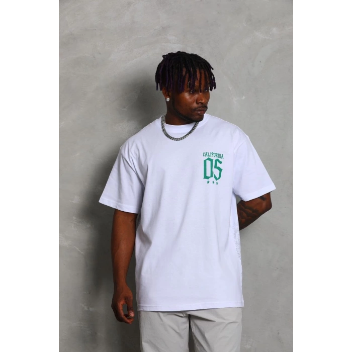 Oversize Baskılı Bisiklet Yaka T-Shirt - Beyaz -