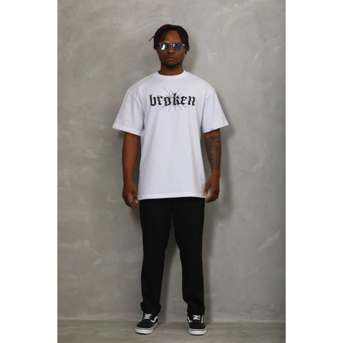 Oversize Baskılı Bisiklet Yaka T-Shirt - Beyaz -