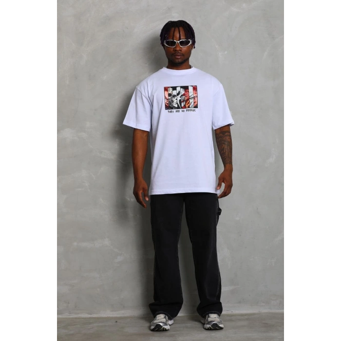 Oversize Baskılı Bisiklet Yaka T-Shirt - Beyaz -