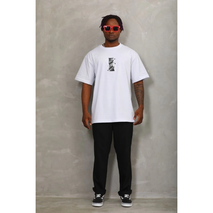 Oversize Baskılı Bisiklet Yaka T-Shirt - Beyaz -