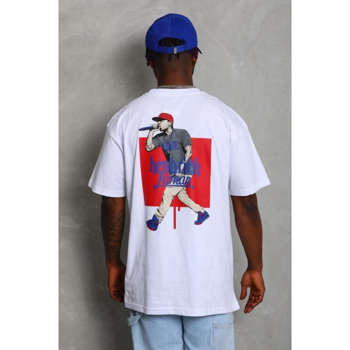 Oversize Baskılı Bisiklet Yaka T-Shirt - Beyaz -