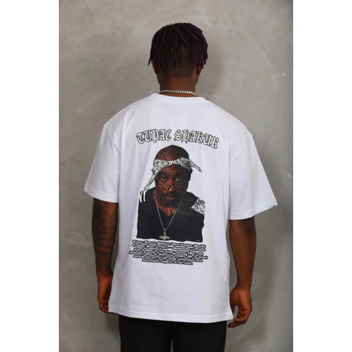 Oversize Baskılı Bisiklet Yaka T-Shirt - Beyaz -