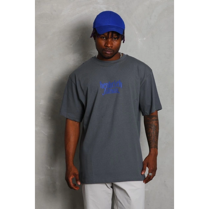 Oversize Baskılı Bisiklet Yaka T-Shirt - Füme -