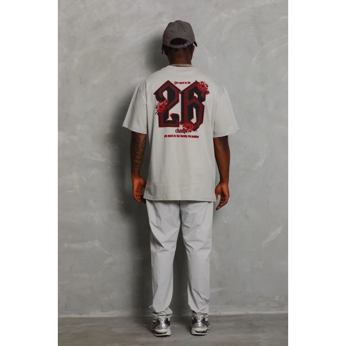 Oversize Baskılı Bisiklet Yaka T-Shirt - Gri -