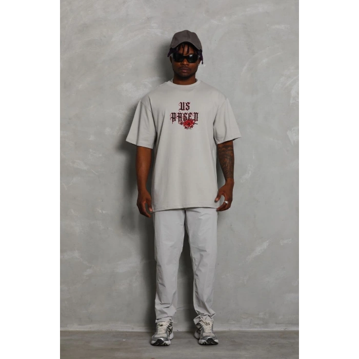 Oversize Baskılı Bisiklet Yaka T-Shirt - Gri -