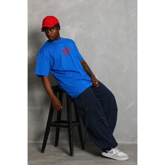 Oversize Baskılı Bisiklet Yaka T-Shirt - Mavi -