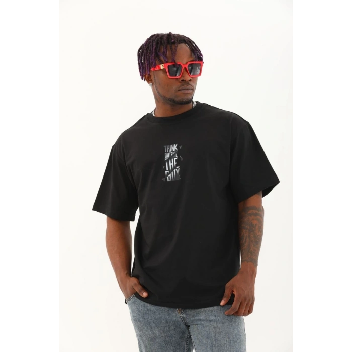 Oversize Baskılı Bisiklet Yaka T-Shirt - Siyah -