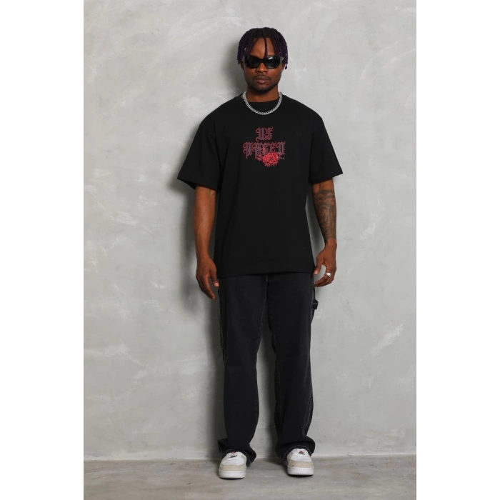 Oversize Baskılı Bisiklet Yaka T-Shirt - Siyah -