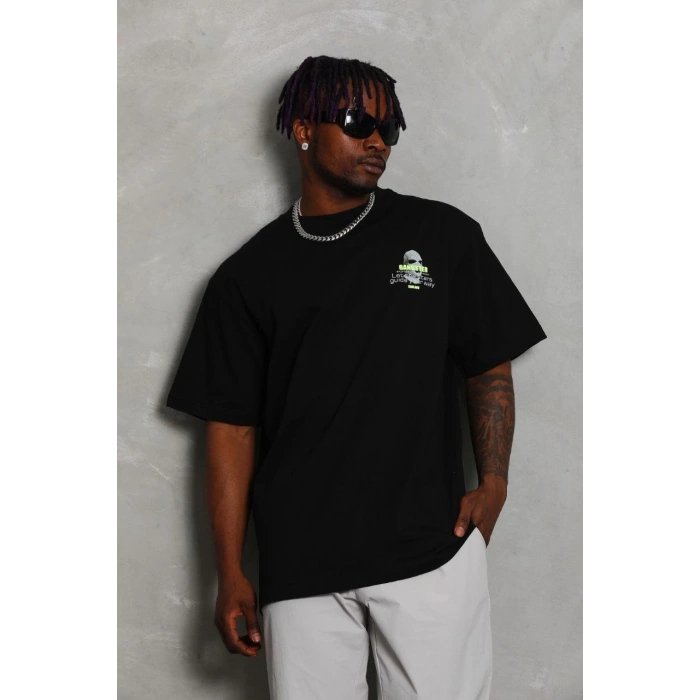Oversize Baskılı Bisiklet Yaka T-Shirt - Siyah -