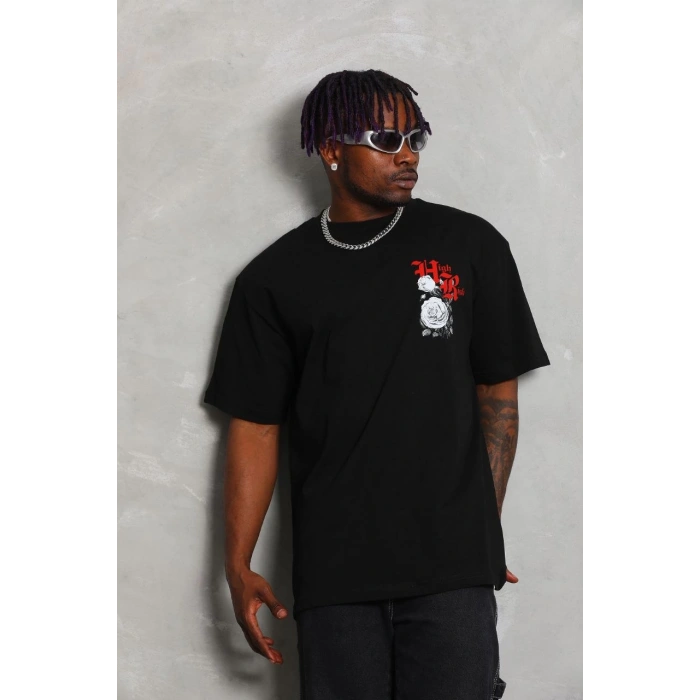 Oversize Baskılı Bisiklet Yaka T-Shirt - Siyah -