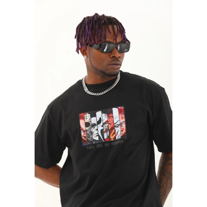 Oversize Baskılı Bisiklet Yaka T-Shirt - Siyah -