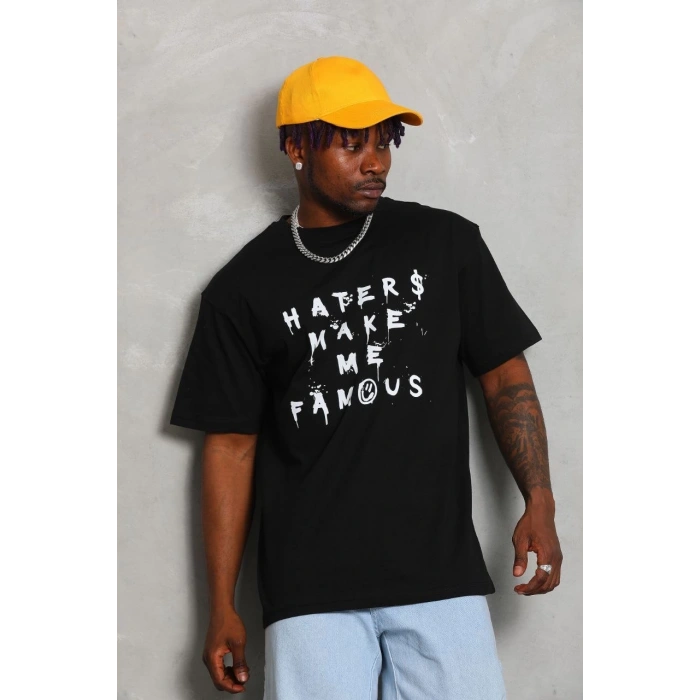 Oversize Baskılı Bisiklet Yaka T-Shirt - Siyah -