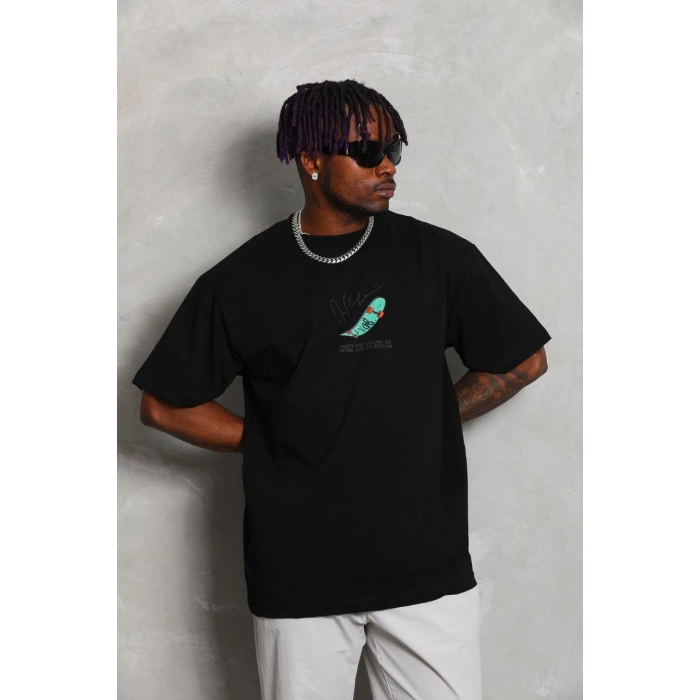 Oversize Baskılı Bisiklet Yaka T-Shirt - Siyah -