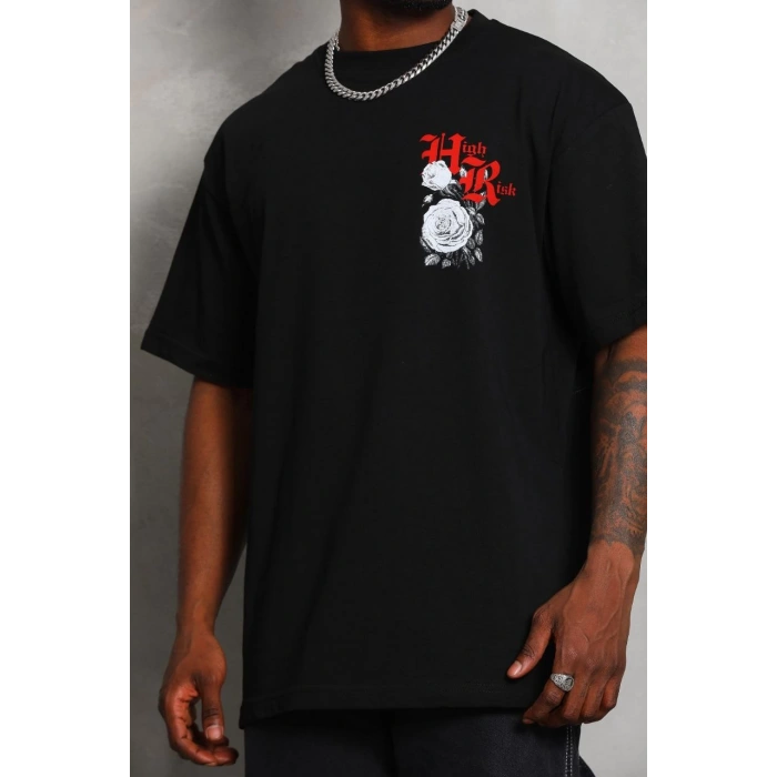 Oversize Baskılı Bisiklet Yaka T-Shirt - Siyah -