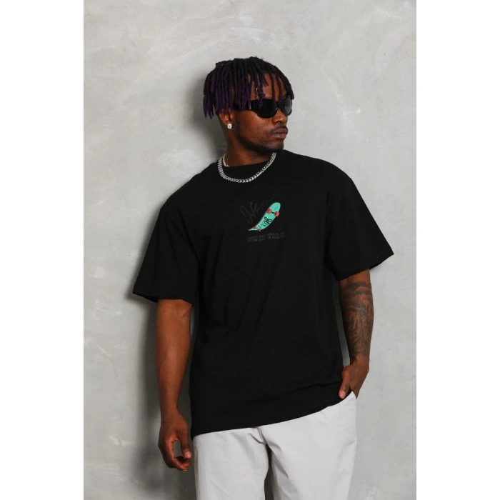 Oversize Baskılı Bisiklet Yaka T-Shirt - Siyah -