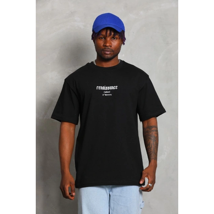 Oversize Baskılı Bisiklet Yaka T-Shirt - Siyah -