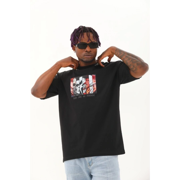 Oversize Baskılı Bisiklet Yaka T-Shirt - Siyah -