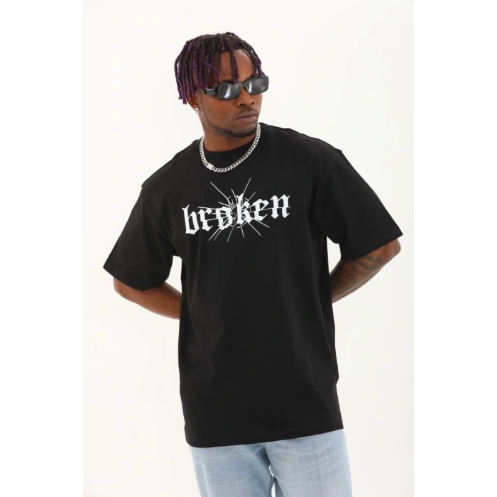 Oversize Baskılı Bisiklet Yaka T-Shirt - Siyah -