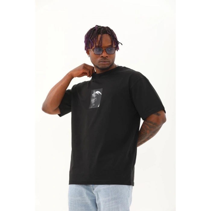 Oversize Baskılı Bisiklet Yaka T-Shirt - Siyah -