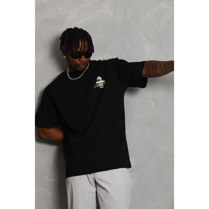 Oversize Baskılı Bisiklet Yaka T-Shirt - Siyah -