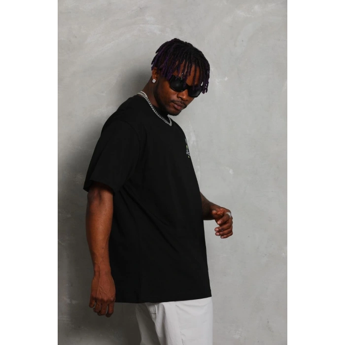 Oversize Baskılı Bisiklet Yaka T-Shirt - Siyah -