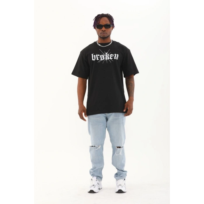 Oversize Baskılı Bisiklet Yaka T-Shirt - Siyah -