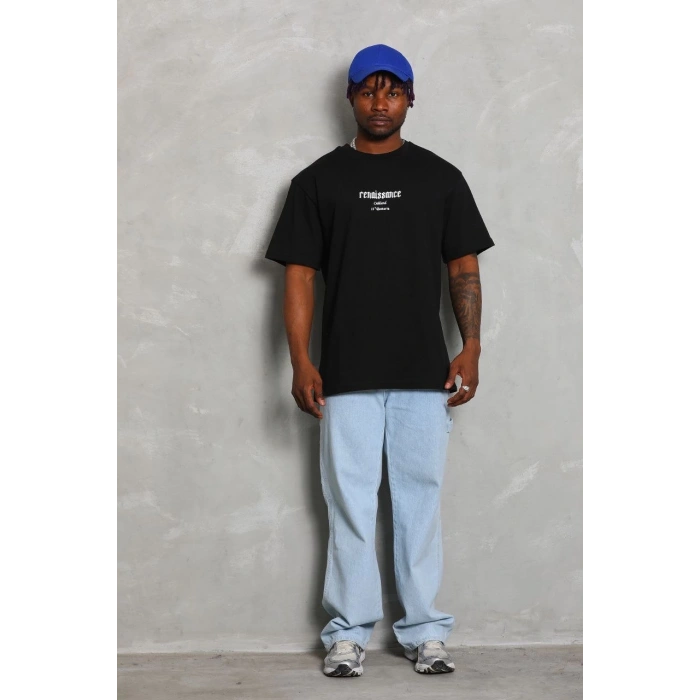 Oversize Baskılı Bisiklet Yaka T-Shirt - Siyah -